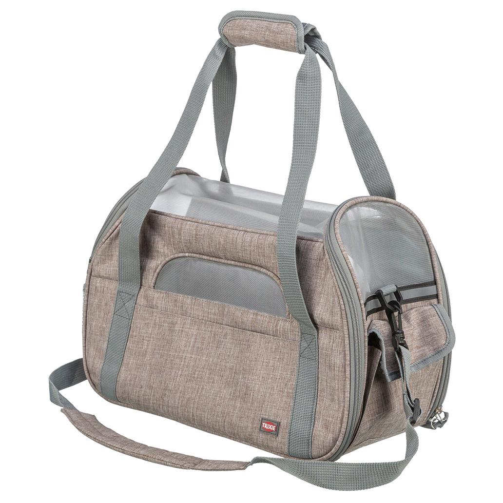 Bolsa transportadora cinzenta com partes em rede e alças de ombro