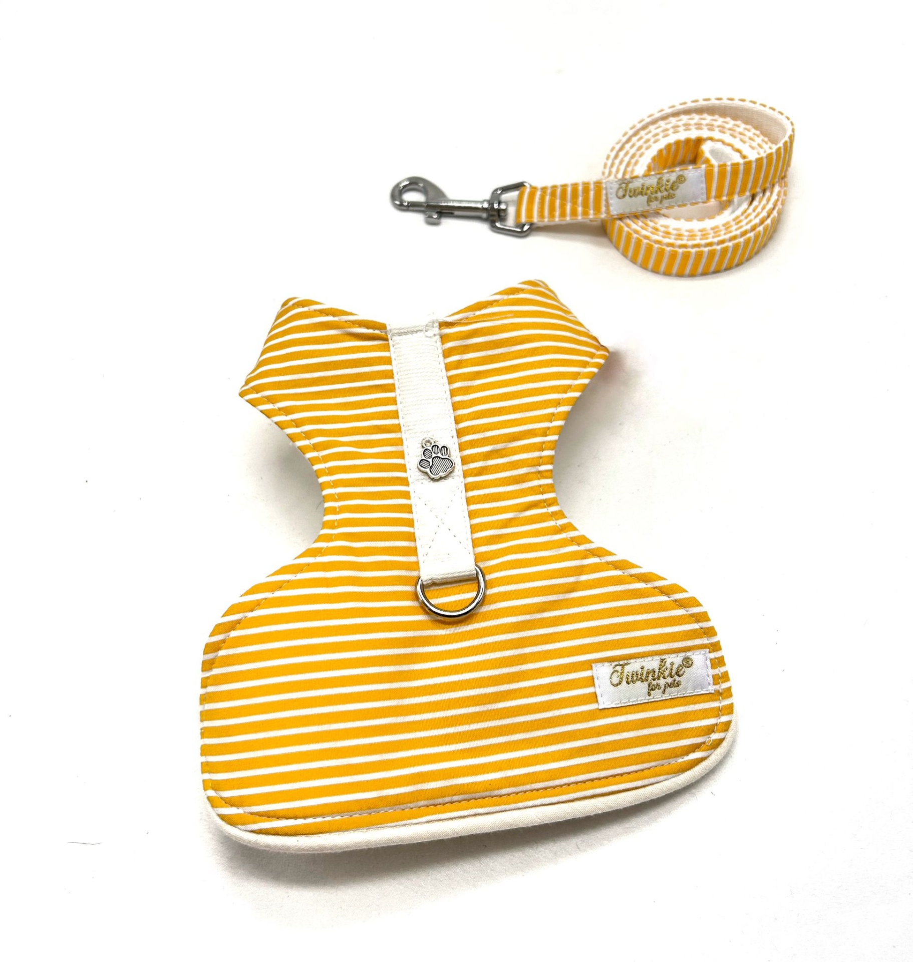 Coleira e peitoral amarelo às riscas para cão pequeno