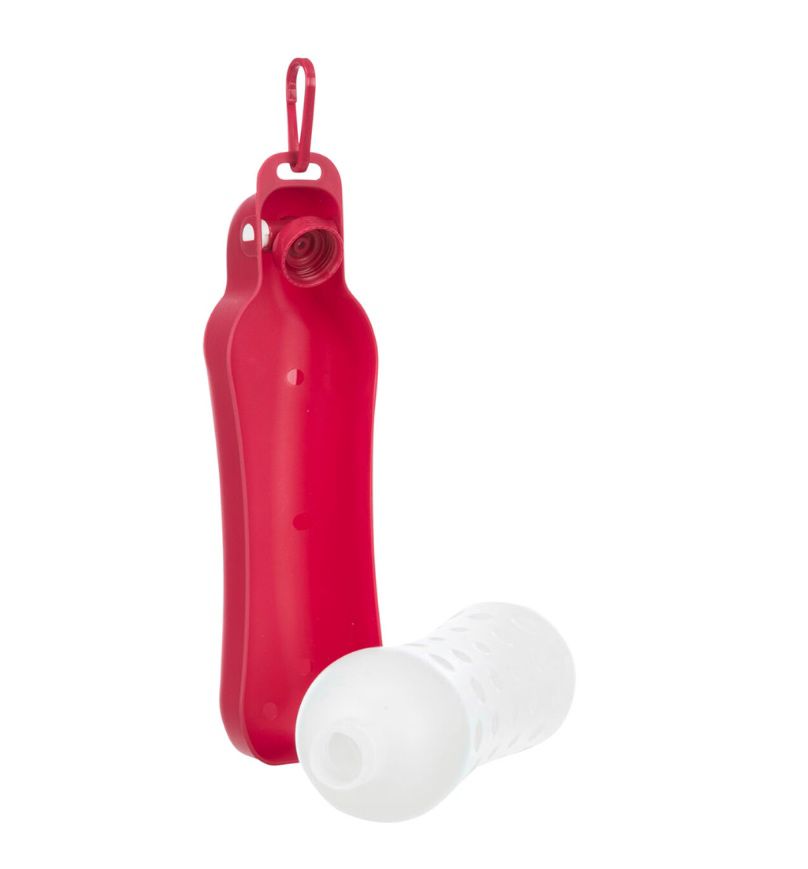 Dispensador portátil de água para cães vermelho com mosquetão e borrifador branco
