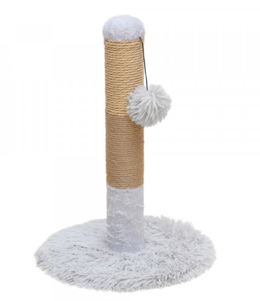 Arranhador para gatos com base e topo em pelúcia branca e poste com corda sisal e bola de pelúcia