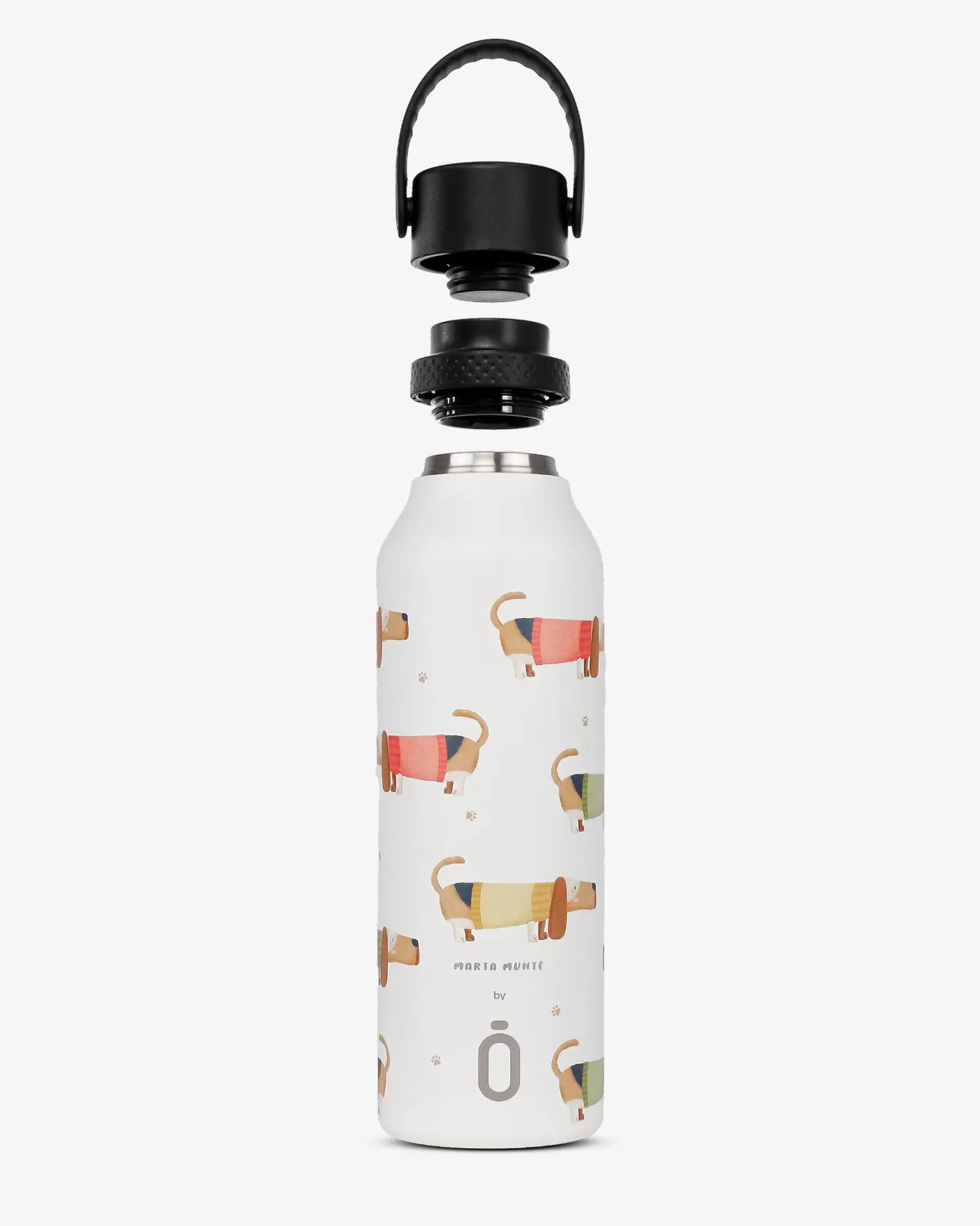 Garrafa isotérmica branca com cães ilustrados e tampas pretas