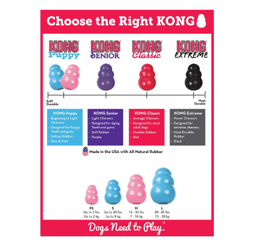 Painel informativo com quatro tipos de brinquedos Kong para cães em azul, rosa, roxo, vermelho e preto