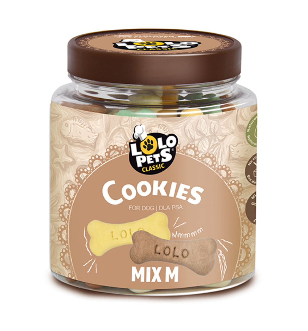 Frasco de biscoitos para cães LOLO Pets Classic com rótulo bege e tampa castanha.