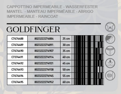 Etiqueta de capa impermeável GOLDFINGER com tamanhos e códigos de barras