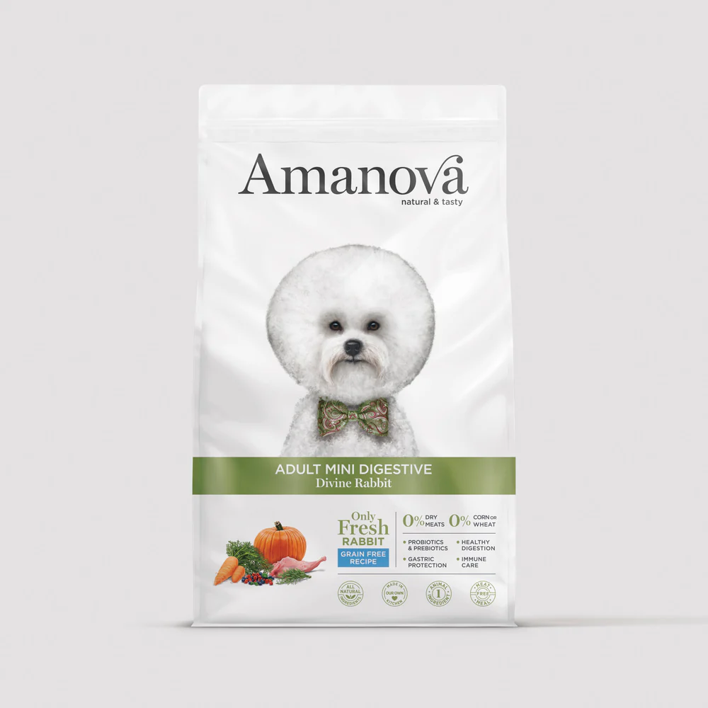 Saco branco de alimentos para cães Amanova com imagem de cão branco e texto explicativo