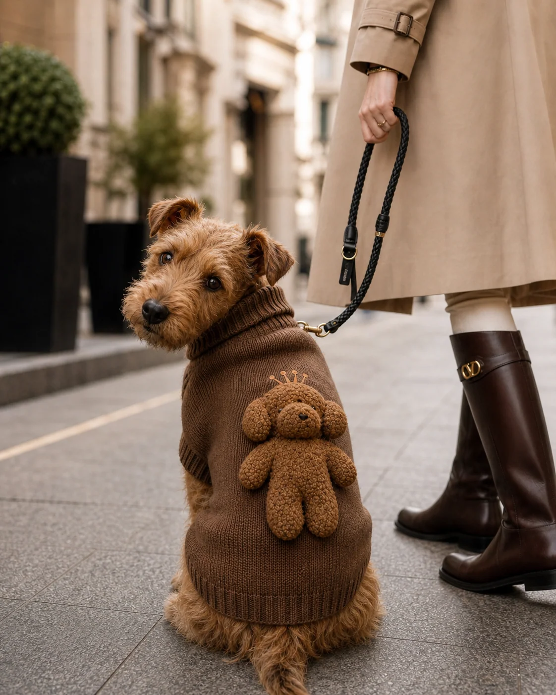 Cachorro castanho com casaco de malha castanho com ursinho, pessoa de casaco bege e botas castanhas