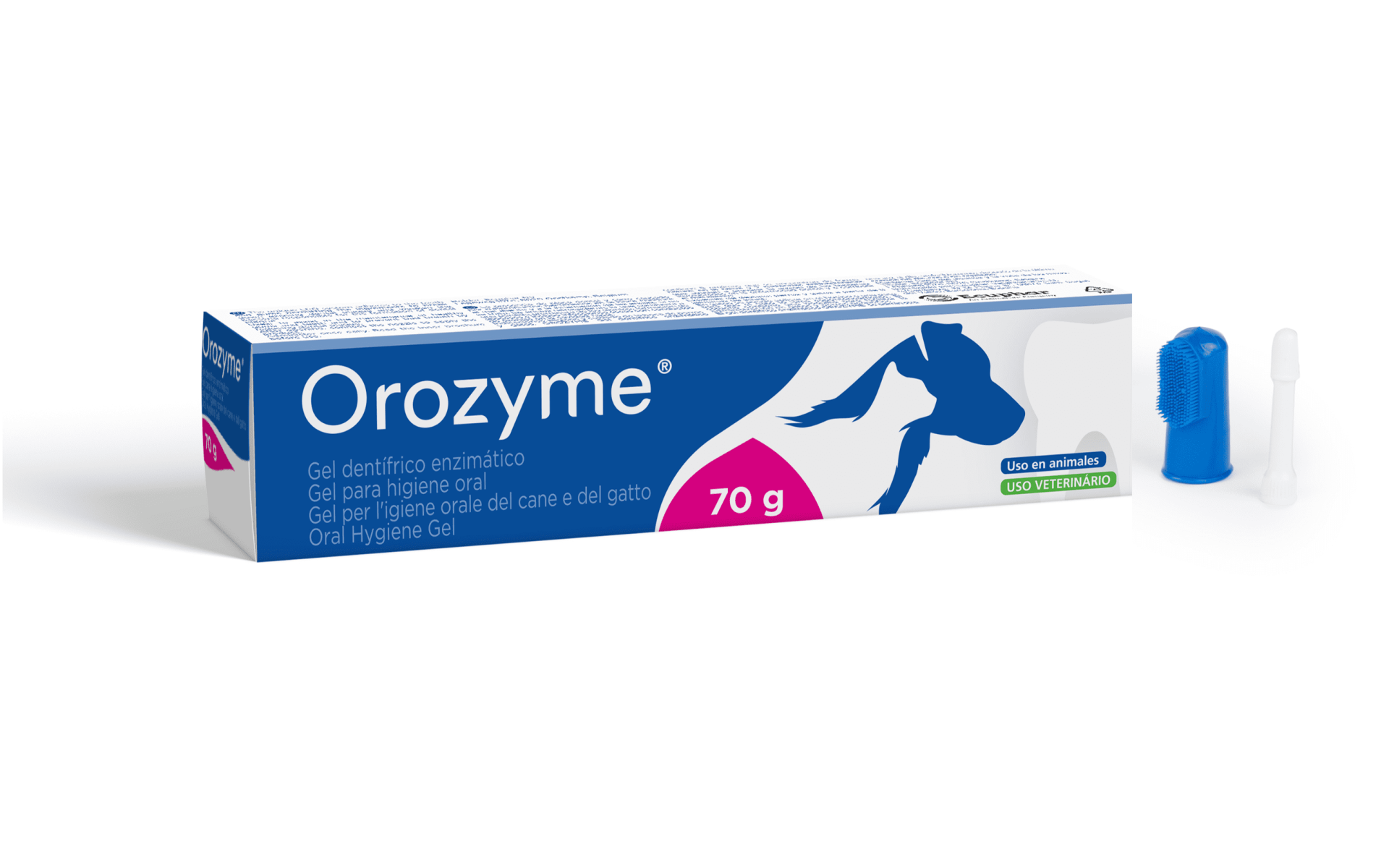 Gel detergente Orozyme para higiene oral de cães e gatos, embalagem branca e azul, 70 g