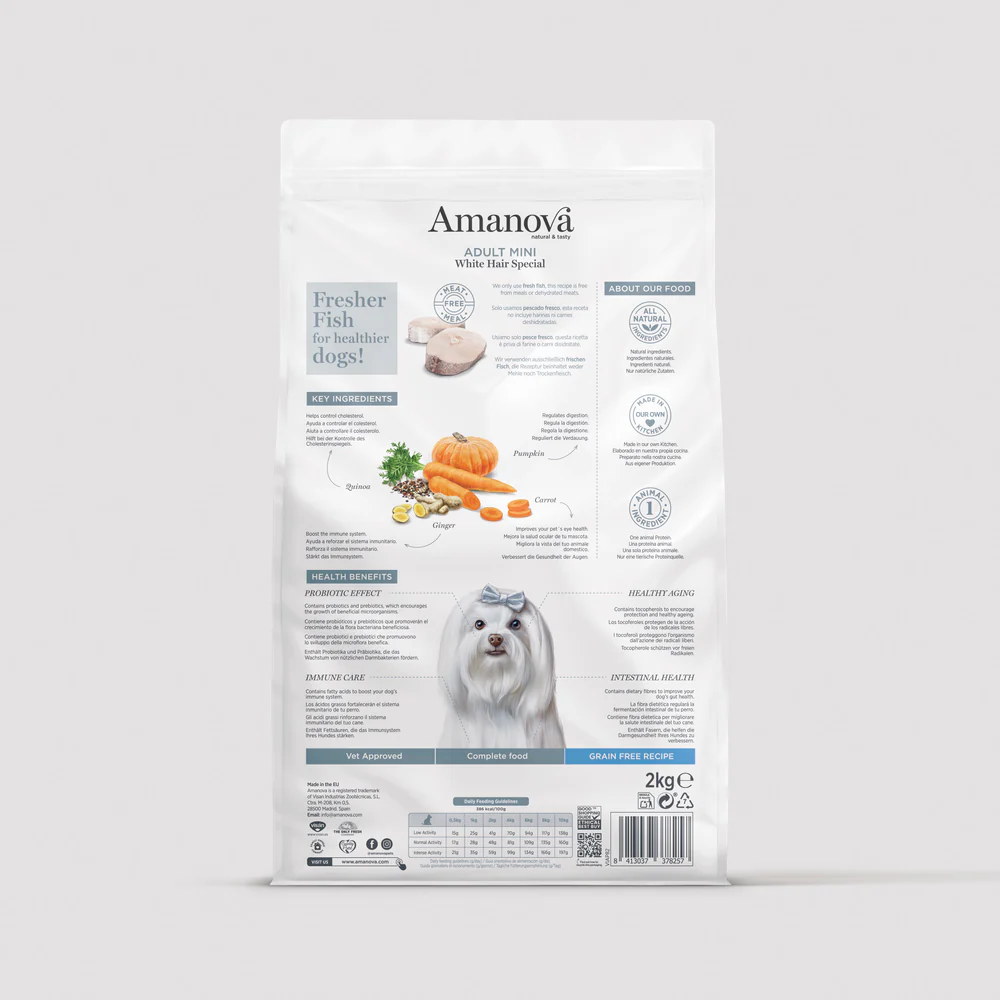 Saco branco de ração Amanova Adult Mini White Hair Special para cães com ilustração de ingredientes e cachorro