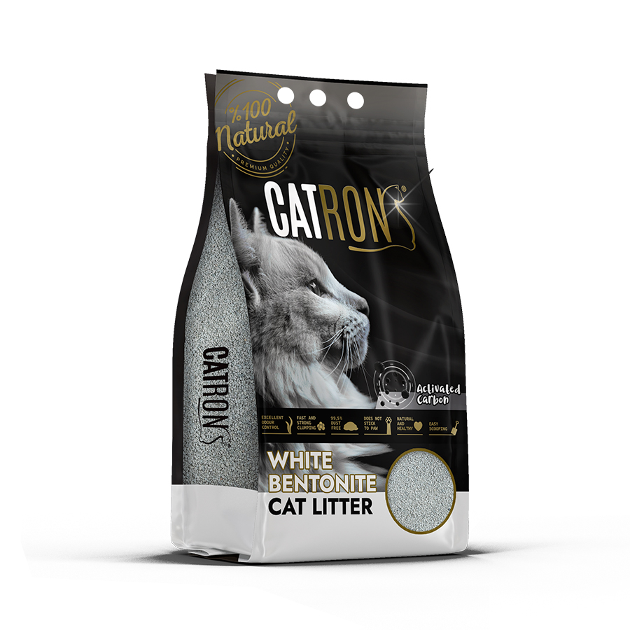 Saco de areia para gato CATRONS branco e preto com imagem de gato cinzento