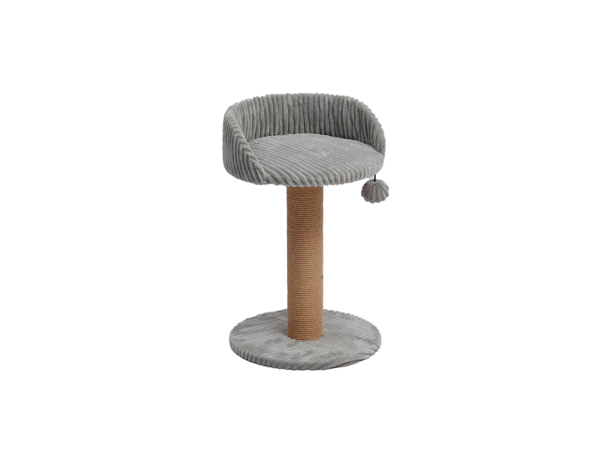 Arranhador para gato cinzento com poste revestido em sisal natural e bola pendente