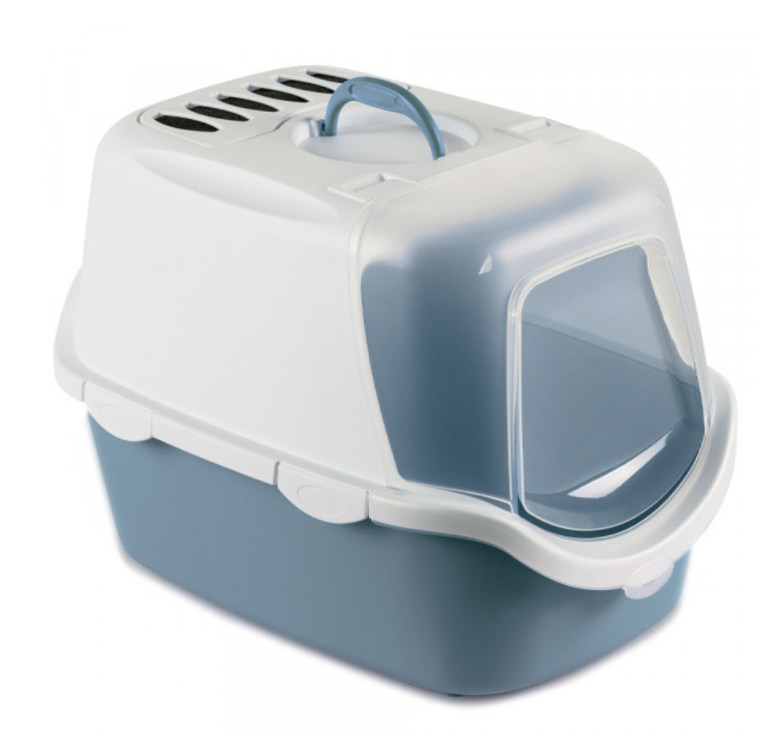 Caixa de transporte para animais de estimação azul e branca com porta transparente frontal