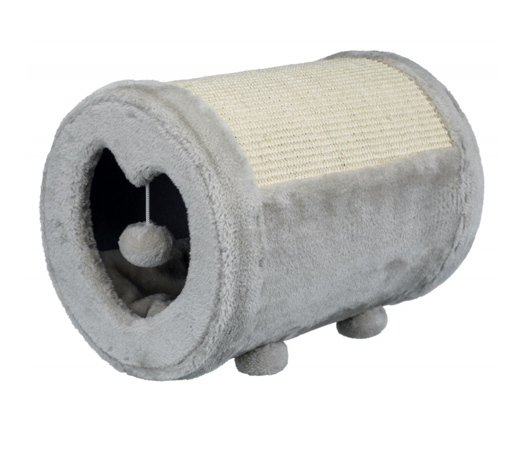 Túnel cinzento para gatos com sisal e bolinha pendurada