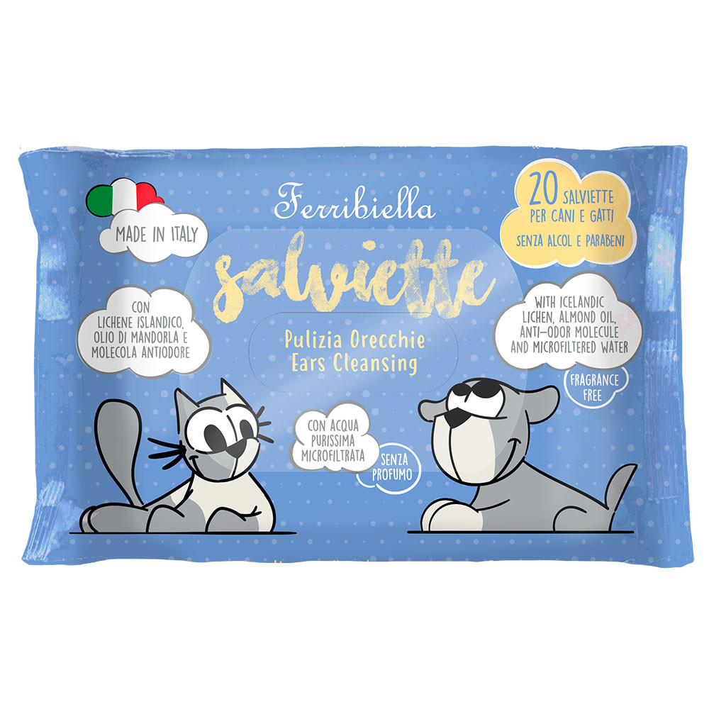 Embalagem azul de toalhitas para cães e gatos com desenhos de gato e cão