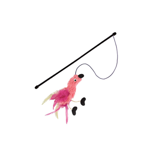 Brinquedo para gatos com vara preta e pássaro de pelúcia rosa e penas