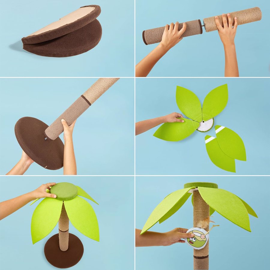 Peças e montagem de arranhador para gato com base castanha, poste em corda e folha verde topo.