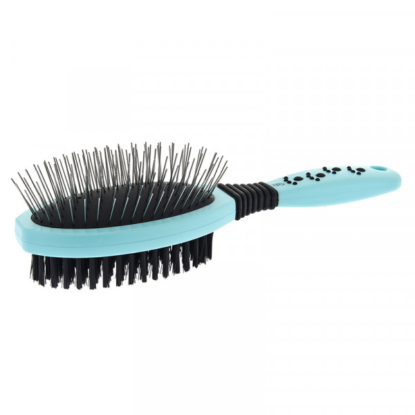 escova de cabelo azul claro com cerdas pretas e pinos metálicos