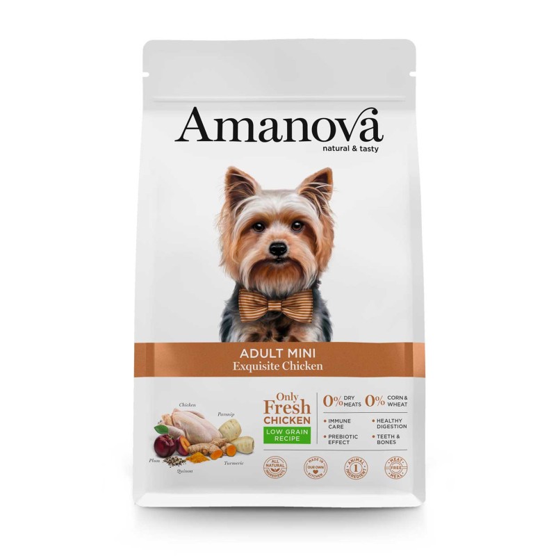 Embalagem de ração para cães Amanova Adult Mini Exquisite Chicken com imagem de cão e ingredientes