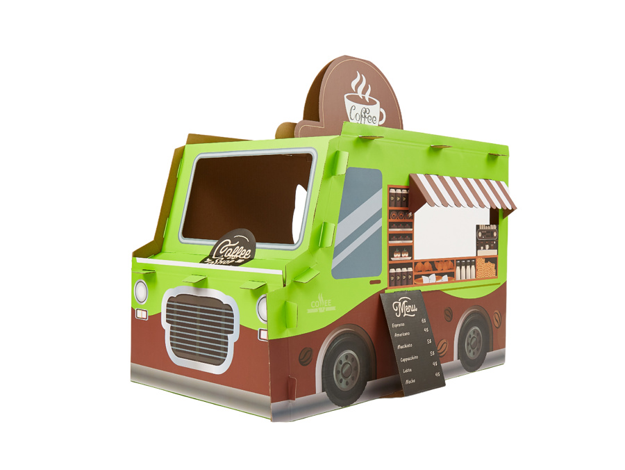 Brinquedo carrinha de café em cartão verde e castanho com decoração e placa de menu.