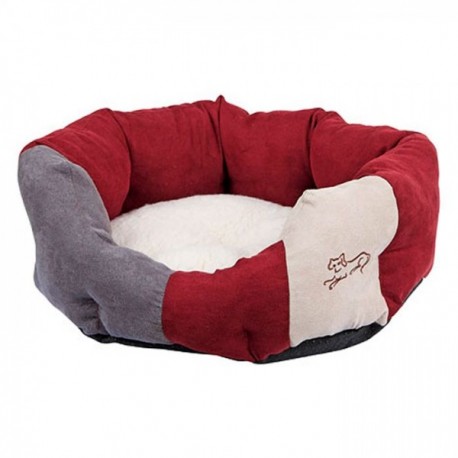Cama redonda para cães em tecido vermelho, cinza e bege com almofada branca e bordado de cão