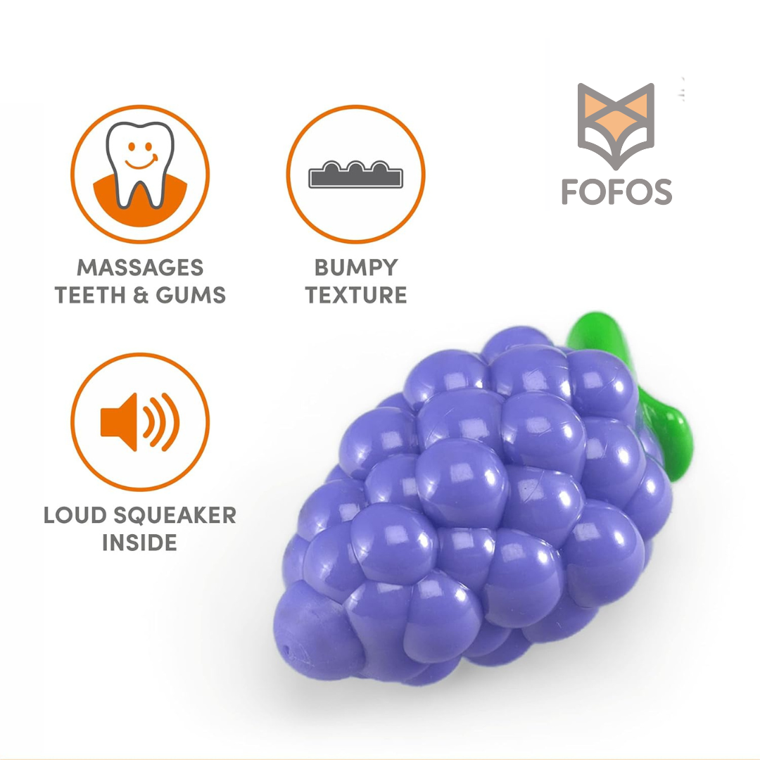 Brinquedo de cão em forma de uva roxa com folhas verdes, textura ondulada, com textos explicativos e logotipo FOFOS.