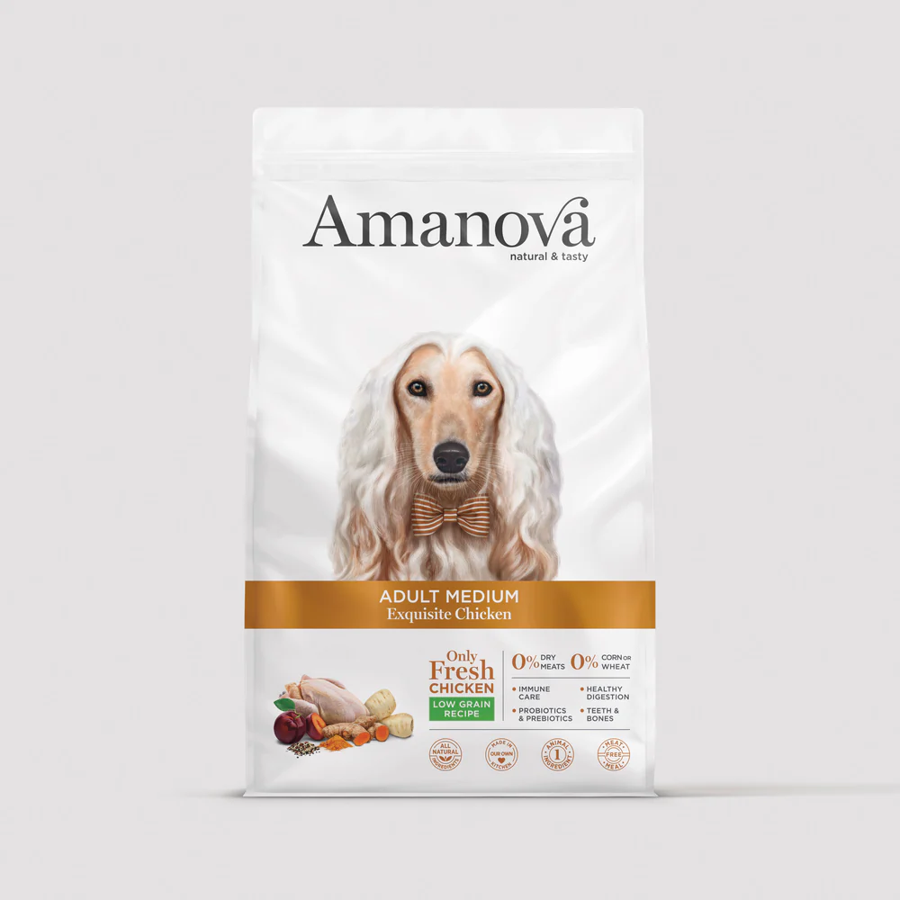Embalagem de ração para cão Amanova Adult Medium Exquisite Chicken branca com cão e texto