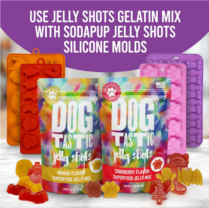 Pacotes coloridos de mistura para gelatina Dog Tastic com moldes de silicone e guloseimas em forma de animais e patas.