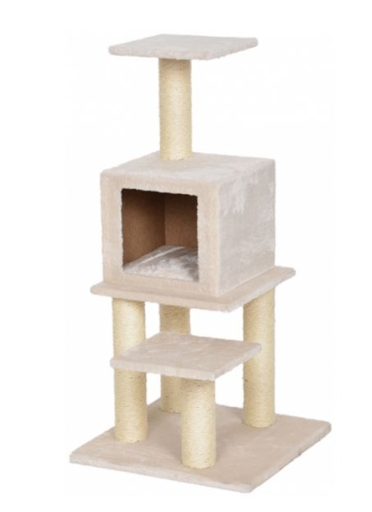 Arranhador para gatos bege com plataformas e cubículo em vários níveis