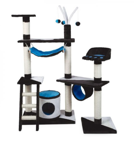 Arranhador para gatos preto, branco e azul com redes, plataformas, escada e brinquedos