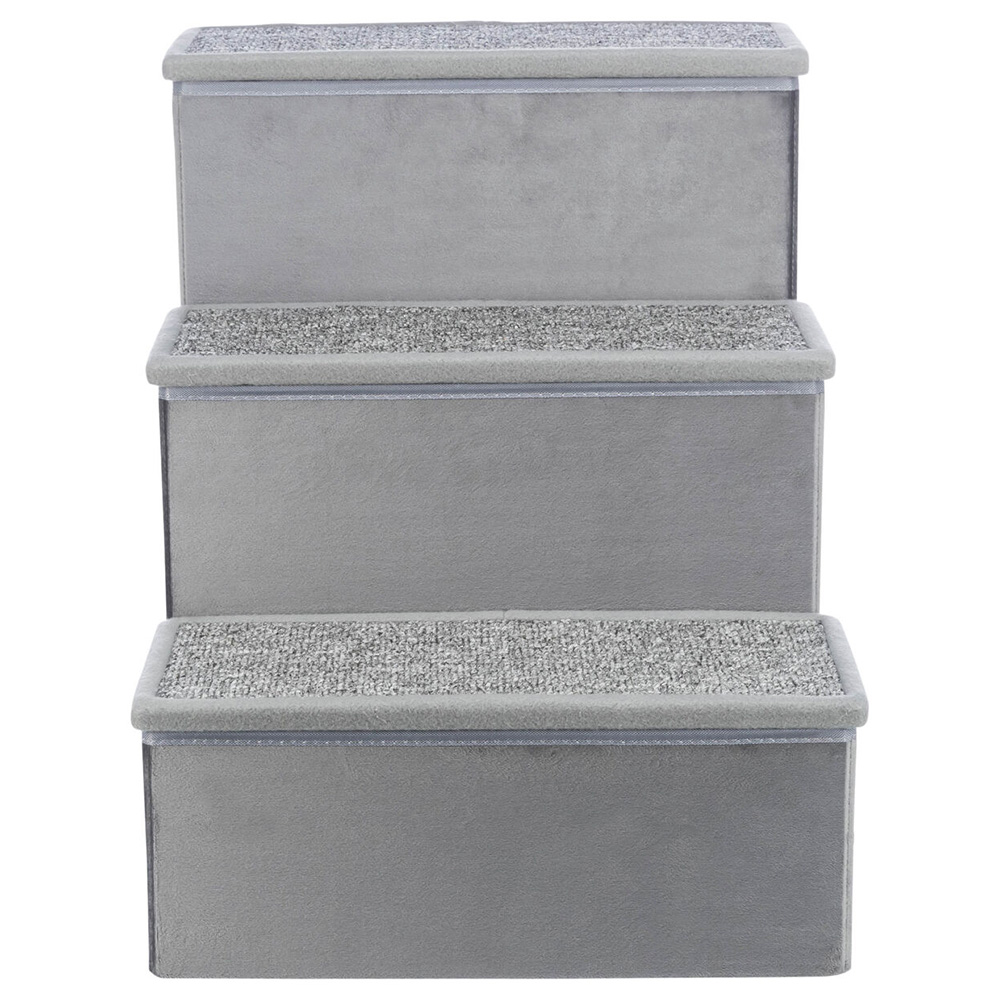 Escada cinzenta para animais de estimação com 3 degraus revestidos de tecido felpudo