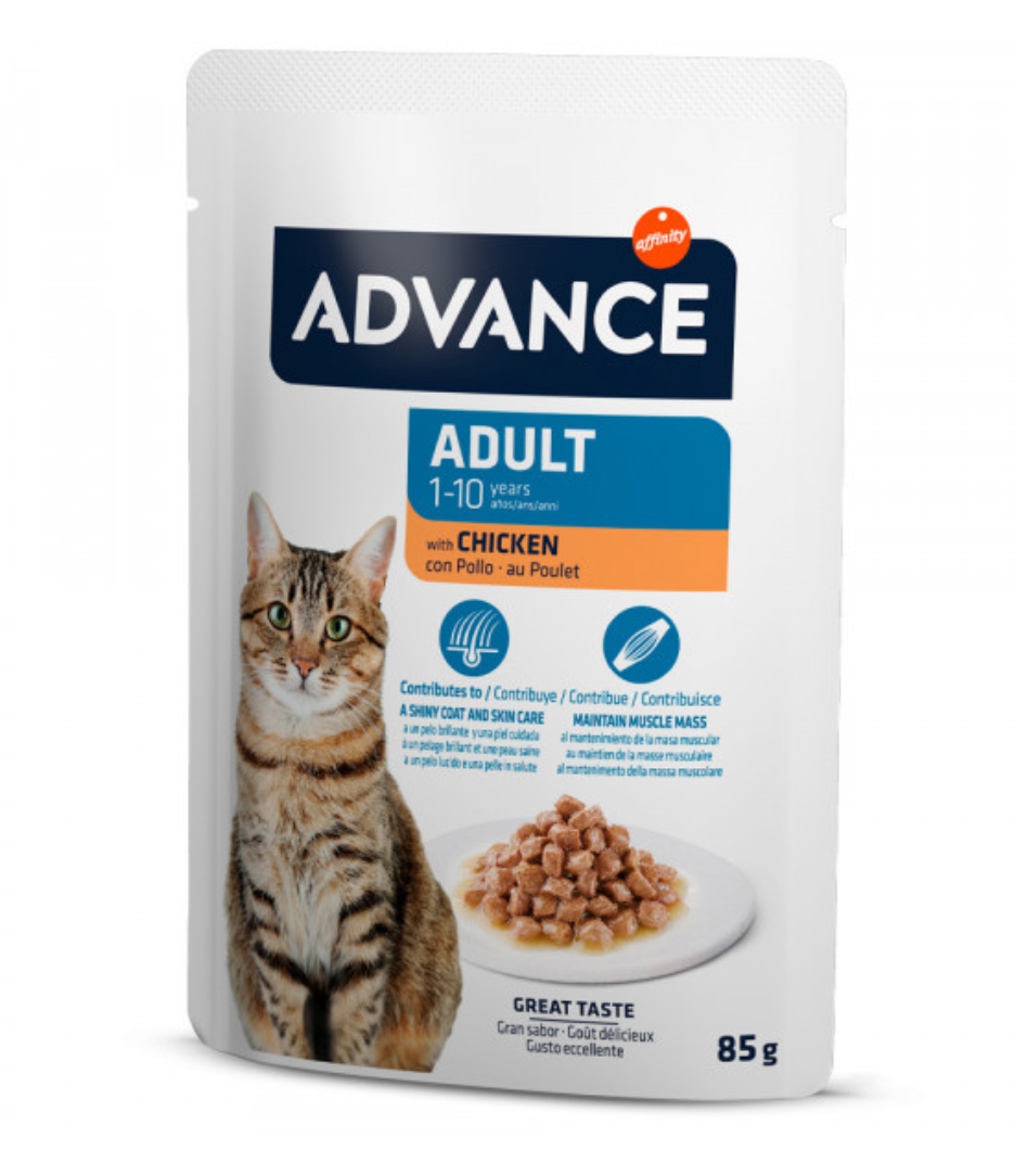 Pacote de ração Advance Adult para gatos com imagem de gato e prato de ração