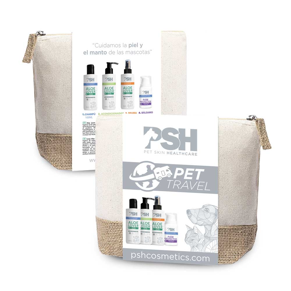 Necessaire em pano cru com cosméticos para animais da marca PSH PET SKIN HEALTHCARE PET TRAVEL.