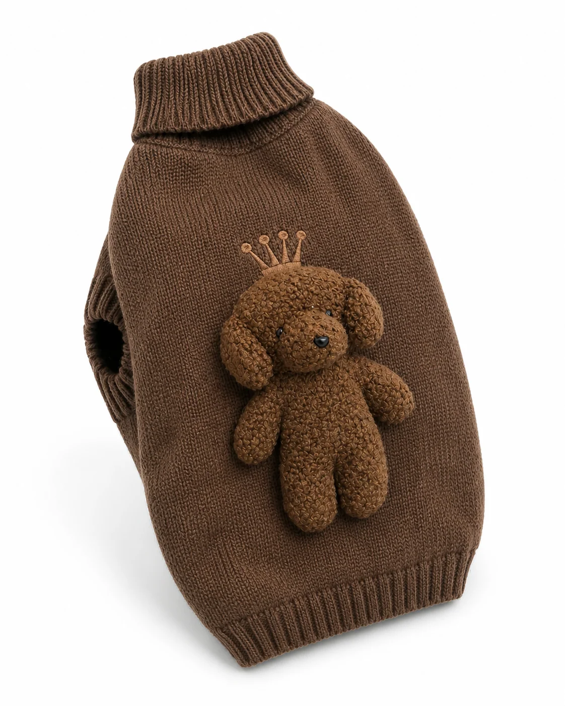Camisola de malha castanha para cão com aplique de cão em relevo