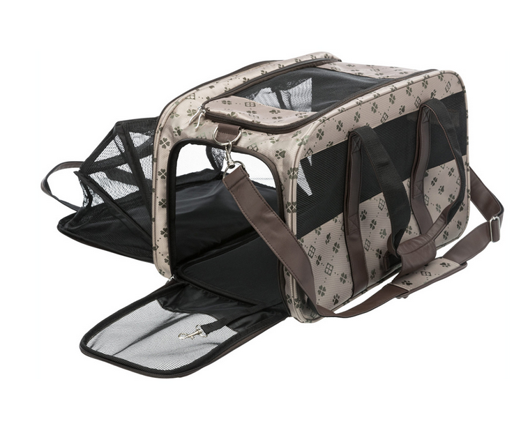 mala de transporte para animais bege com estampado de pegadas e rede preta