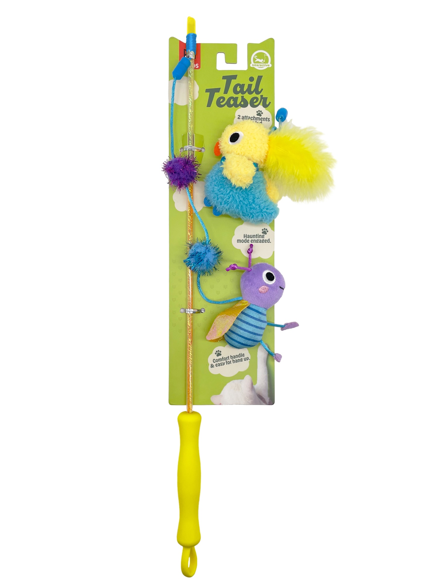 Brinquedo para gatos com vara amarela, bonecos coloridos e embalagem verde com texto