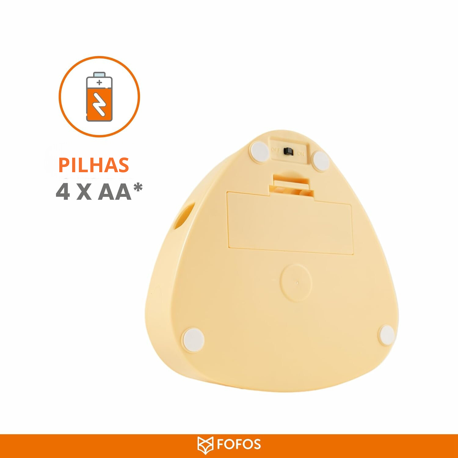Dispositivo elétrico amarelo triangular com compartimento para 4 pilhas AA