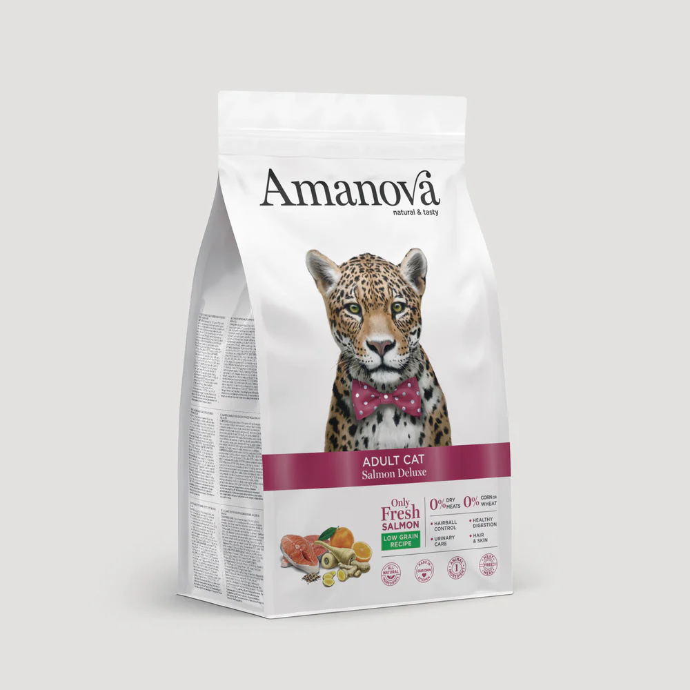 Saco de ração para gatos Amanova com leopardo e texto Salmon Deluxe