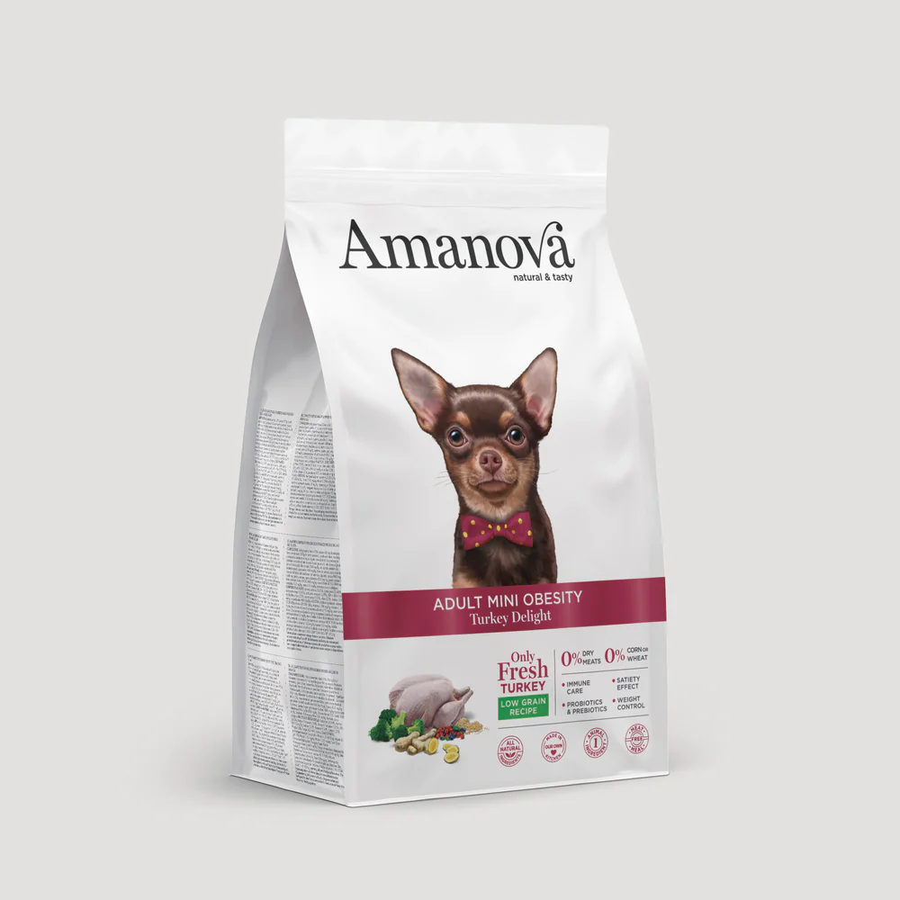 Pacote branco de ração para cães Amanova com imagem de cachorro e texto