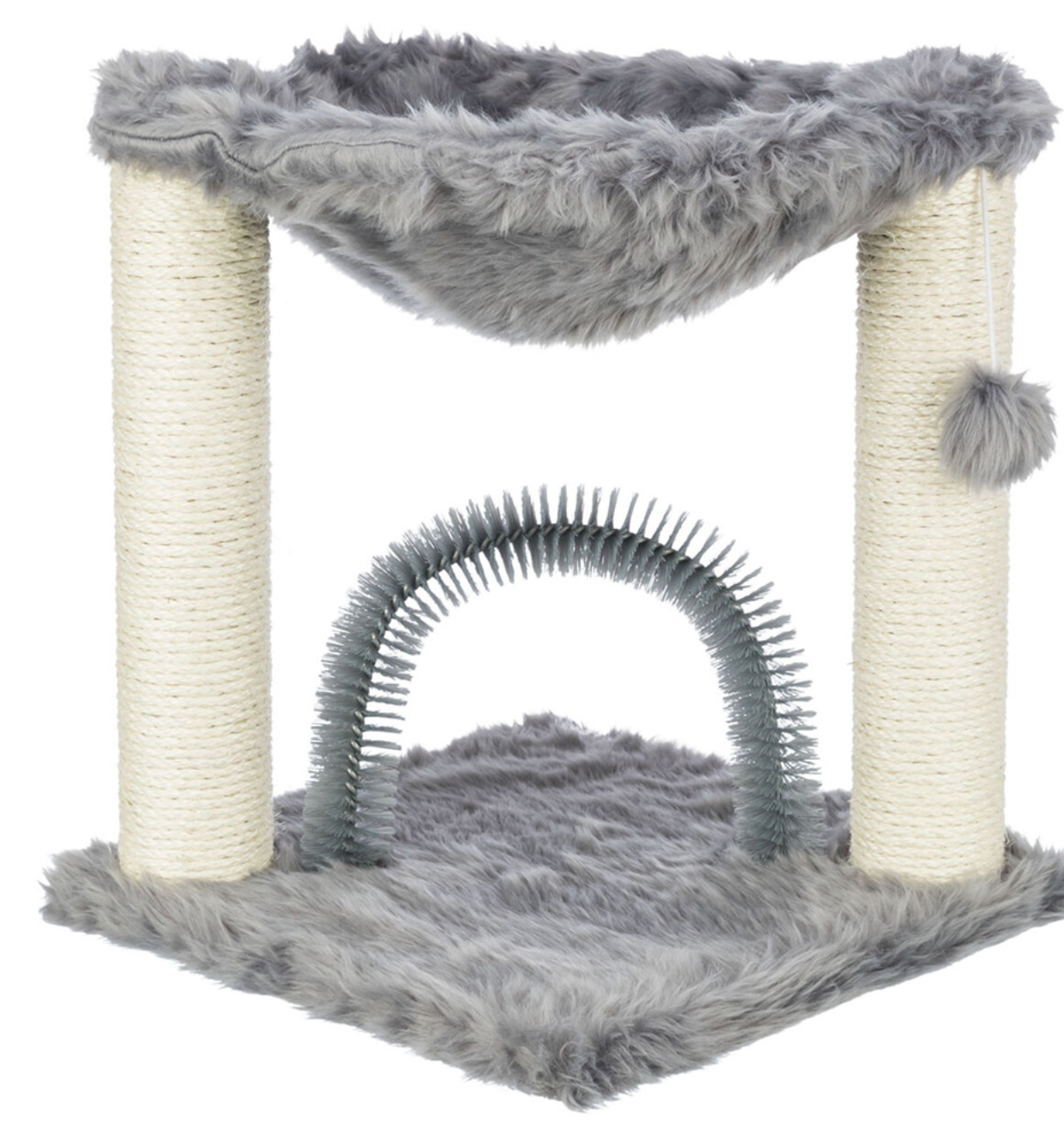 Arranhador para gatos cinzento com vários acessórios para arranhar e brincar