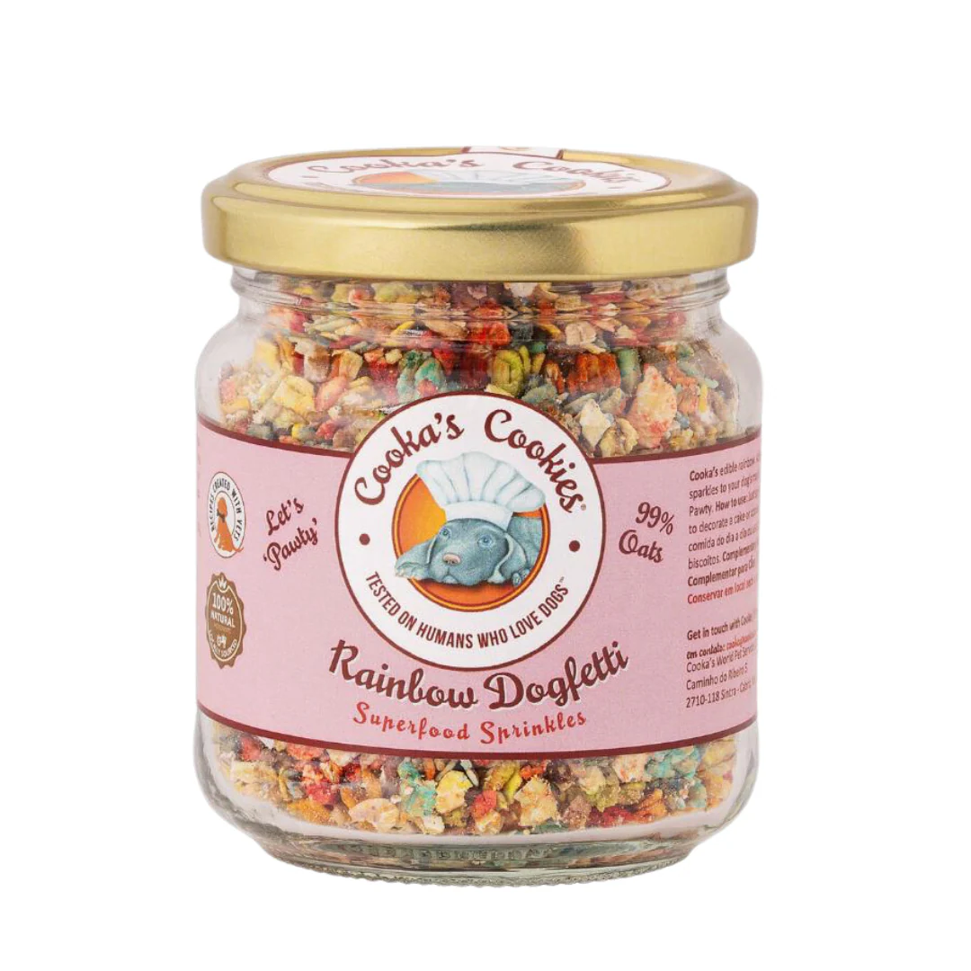 Frasco de biscoitos coloridos para cães com rótulo rosa e tampa dourada