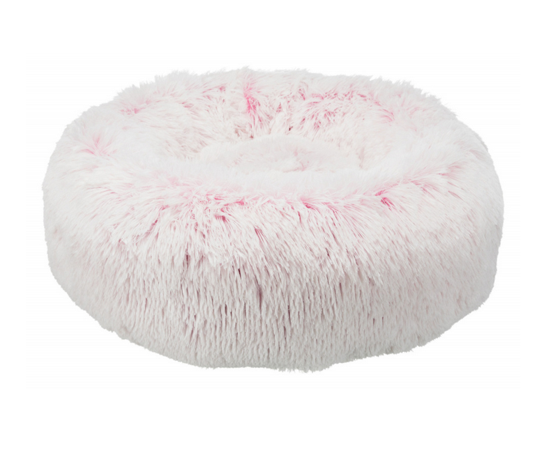Cama redonda de pelúcia rosa para animais