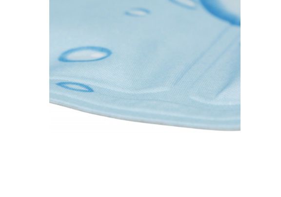 Detalhe de tapete azul claro com padrão de gotas de água em azul escuro