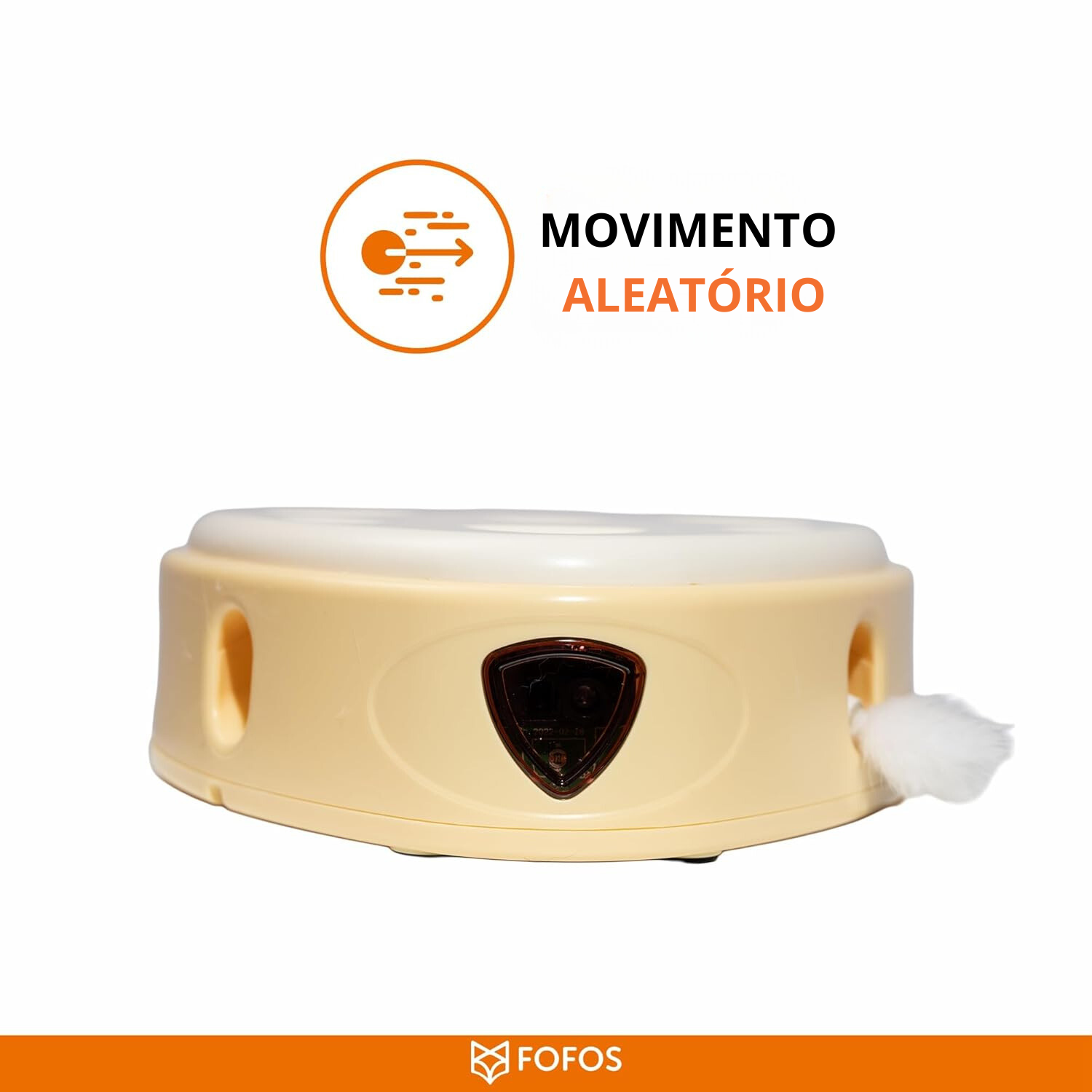 Brinquedo interativo para gatos bege com rabo branco e texto Movimento Aleatório