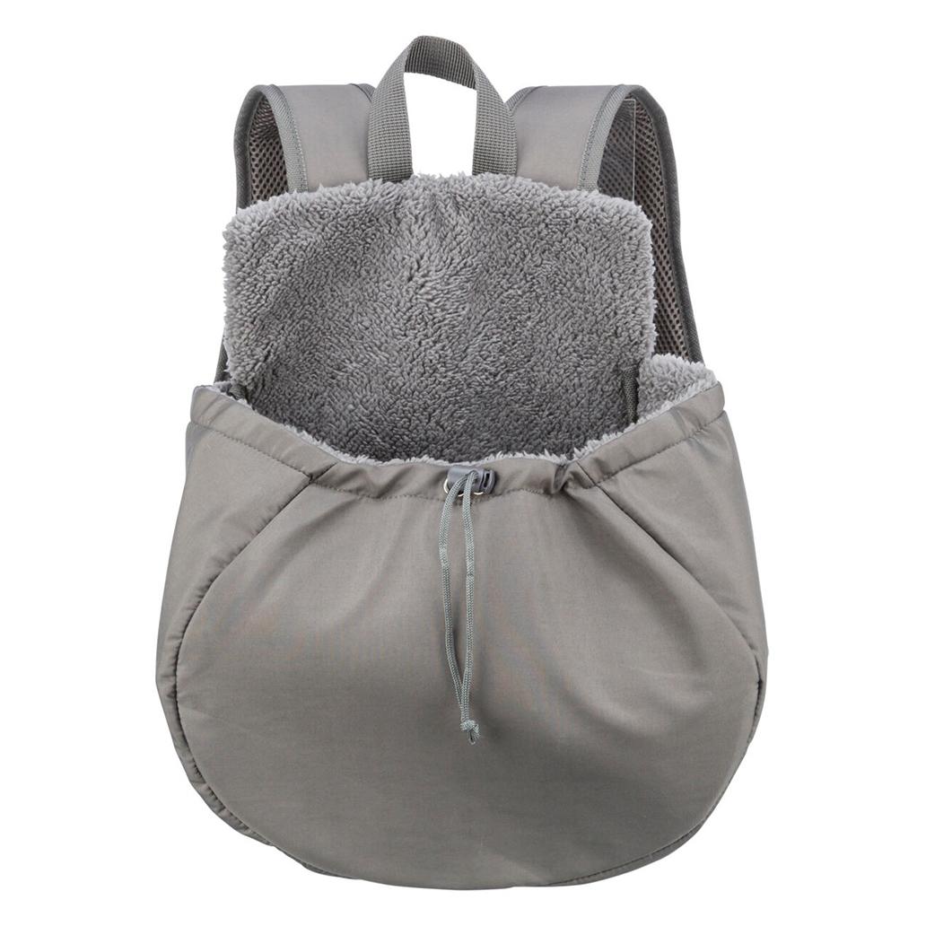 Mochila cinzenta com interior felpudo e alças acolchoadas