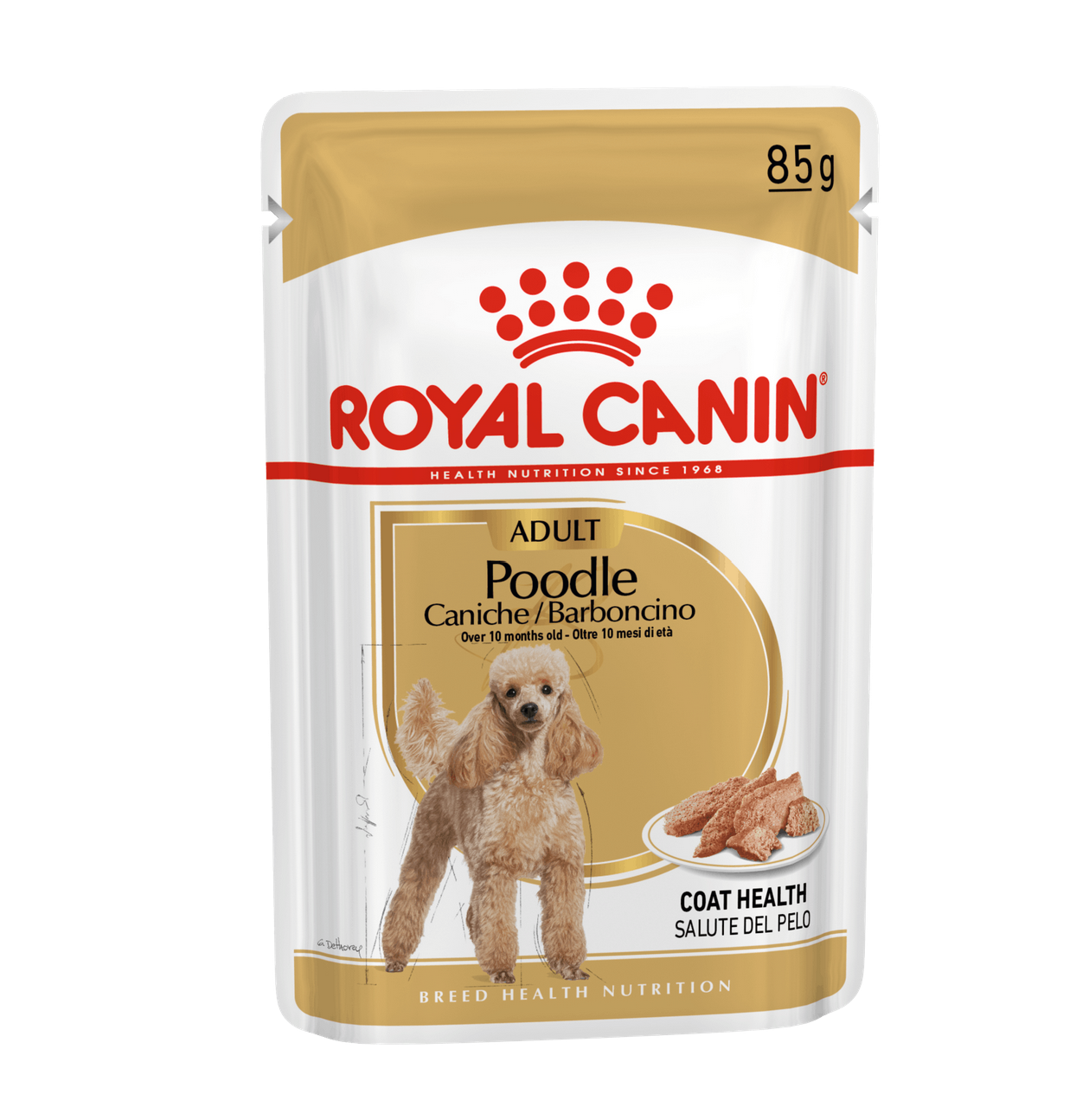 Embalagem Royal Canin Poodle Adult 85 g com imagem de cão e texto sobre saúde do pelo.