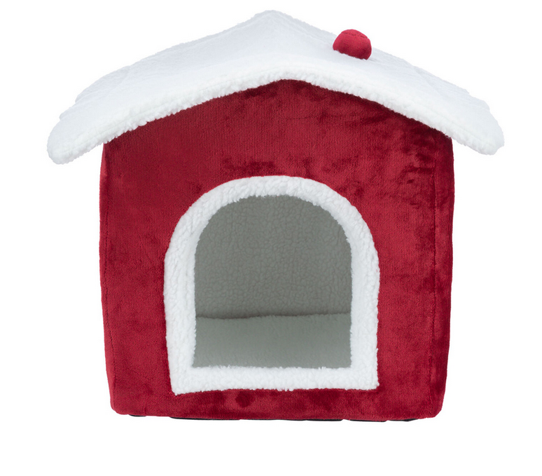 Casa para animal de estimação vermelha e branca em formato de casinha