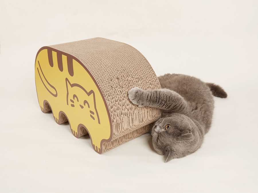 Arranhador arqueado para gato de cartão, amarelo e castanho, com gato cinzento a brincar ao lado