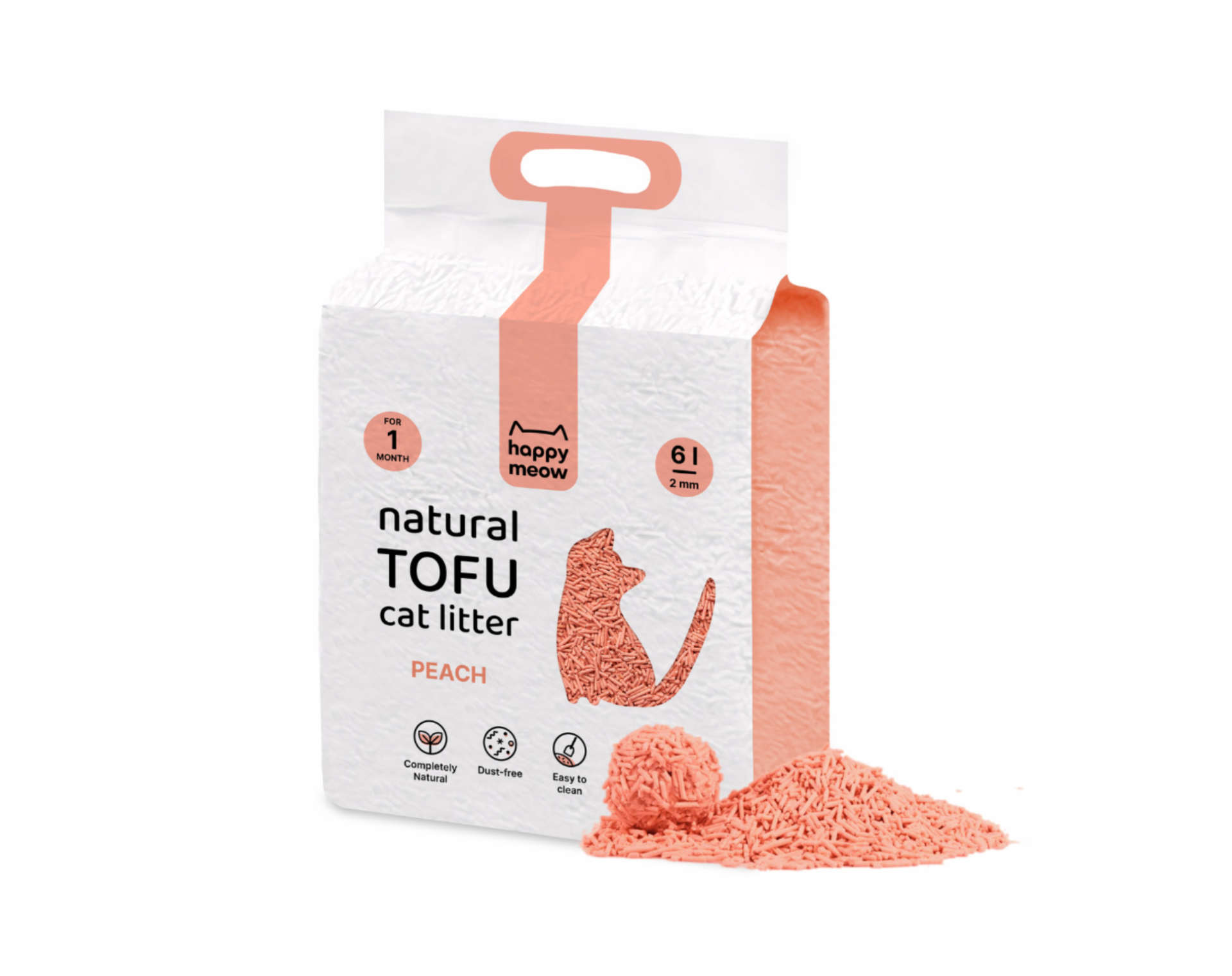 Embalagem branca e cor de pêssego de areia para gatos natural de tofu com areia solta ao lado