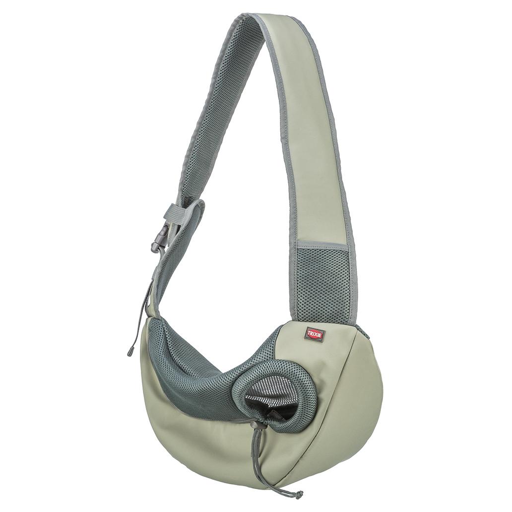 Bolsa tipo sling bege com rede cinzenta e etiqueta TRIXIE