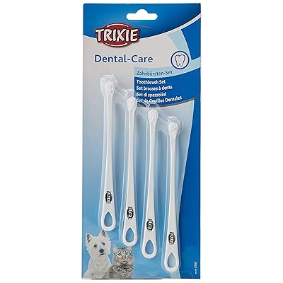 Conjunto de quatro escovas de dentes brancas em embalagem azul da marca TRIXIE Dental-Care com imagens de cão e gato