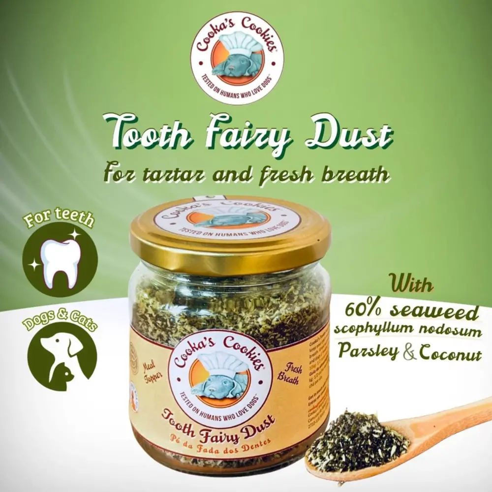 Pote de vidro com tampa dourada de produto para dentes de cães e gatos Tooth Fairy Dust